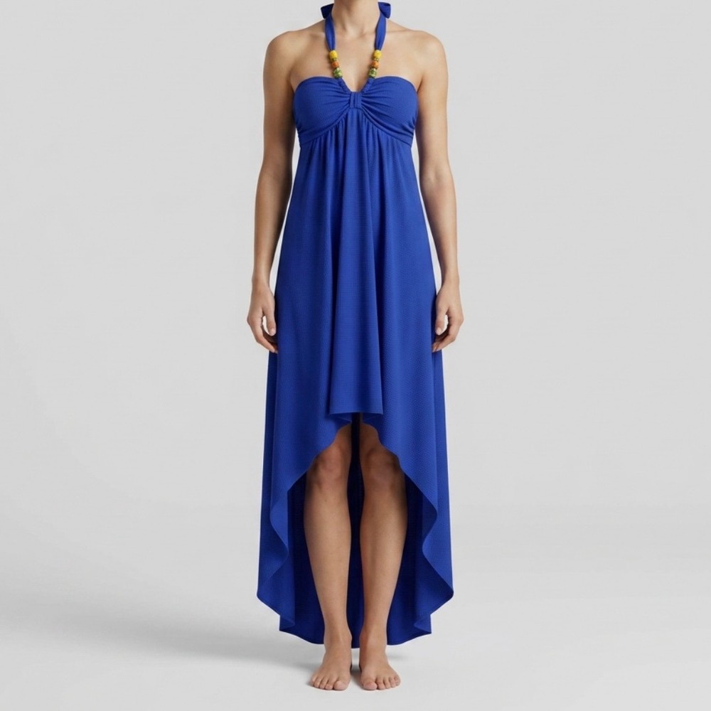Shuishiqing Blue Beaded Halter High Low Maxi Dress Medium Boho Summer Festival